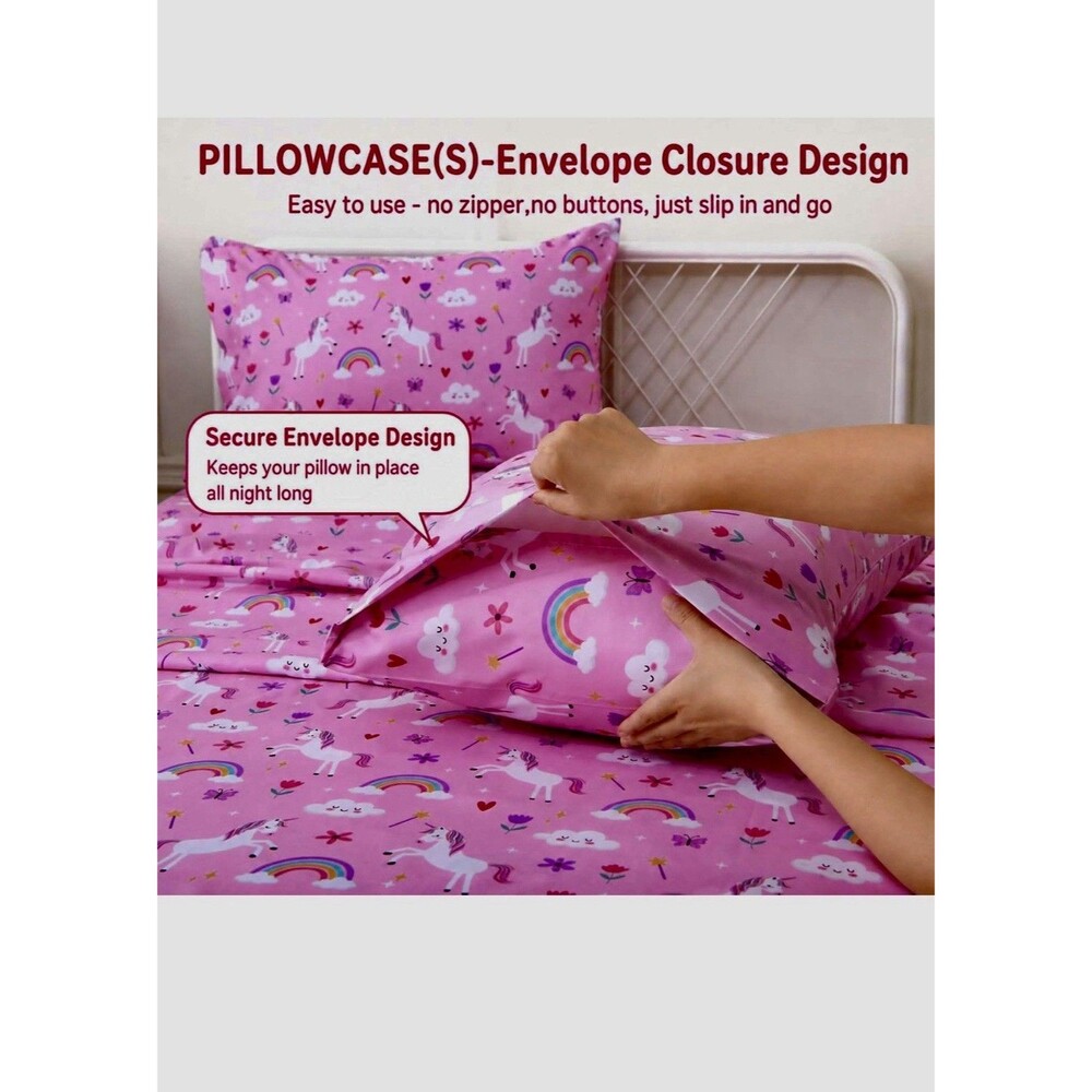 Twin Kids Unicorn Sheet Set Pink Girls Bedding Deep Pocket Fits 8-16” Mattress